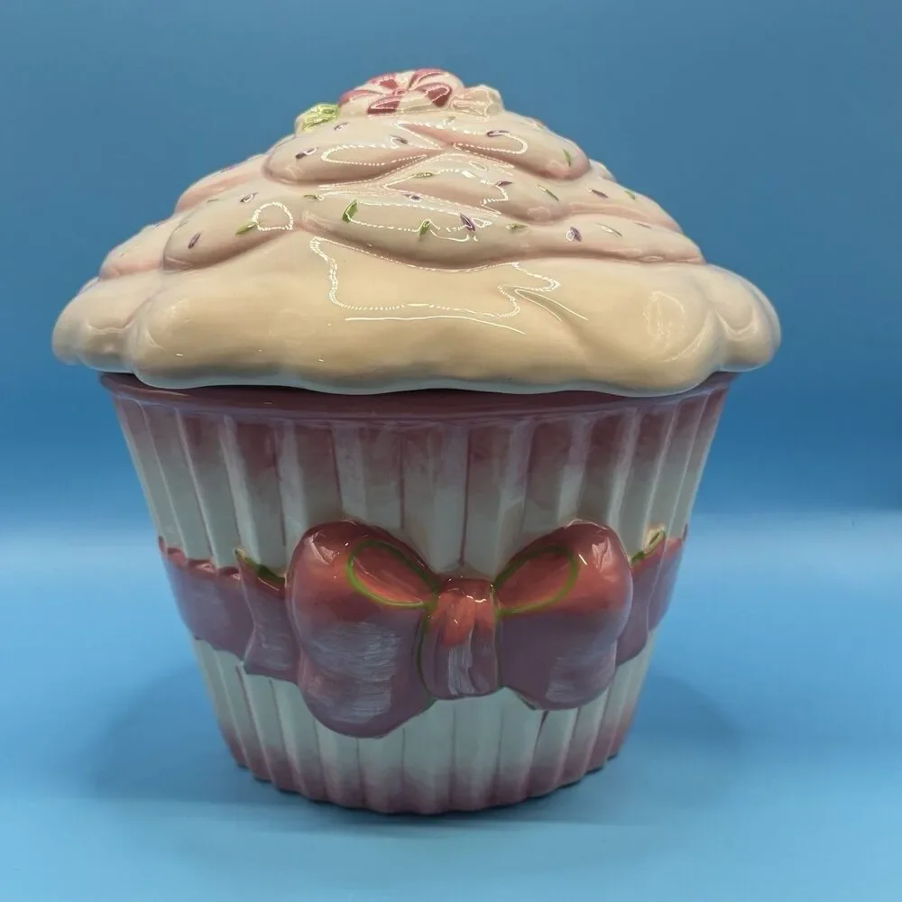 Deb Malewski Next Day Art Cupcake Cookie Jar Pink Bow Ceramic Canister 7”